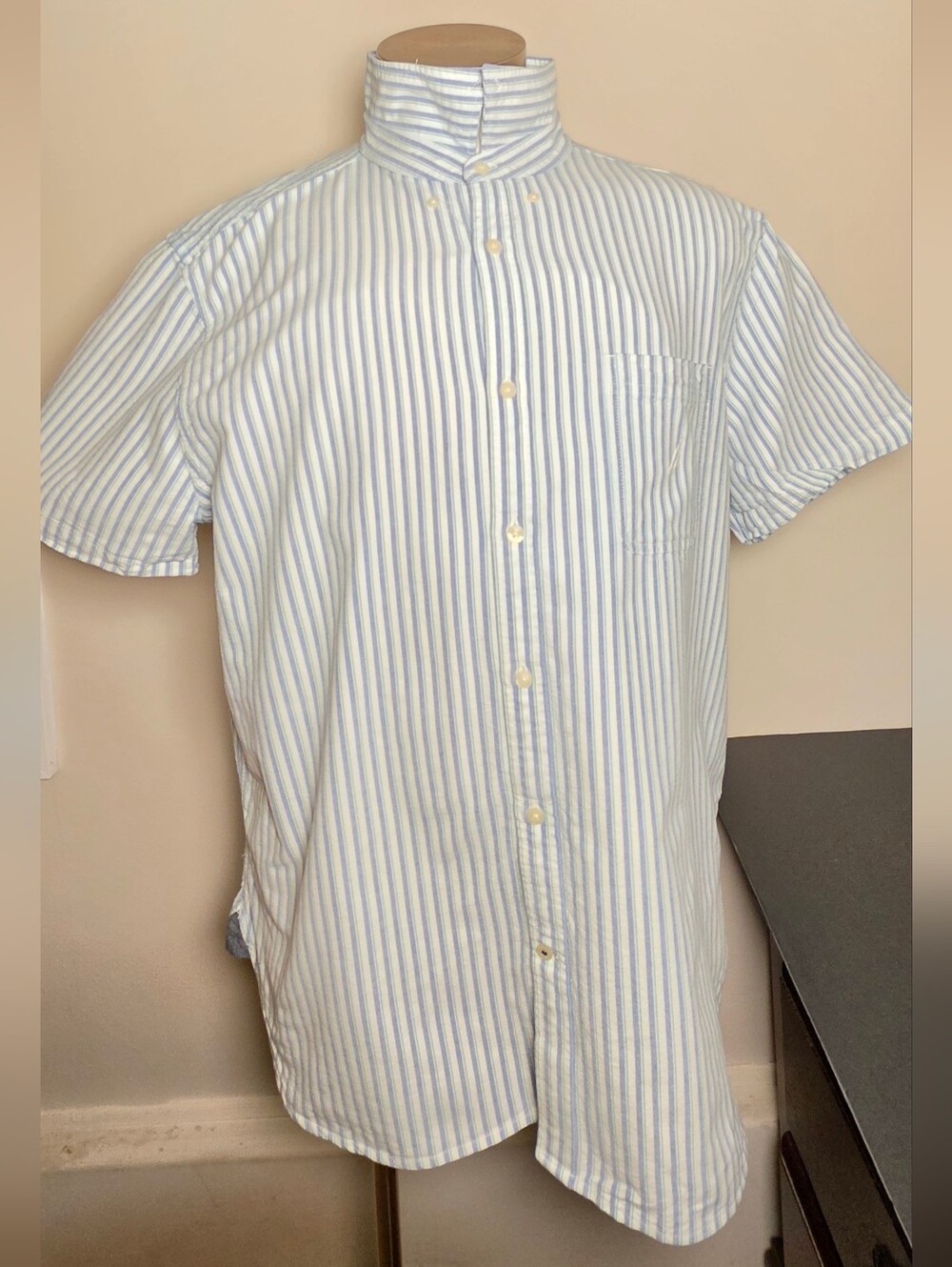 Nautica Blue and White Vertical Stripe Short Sleeve Button-Down Shirt